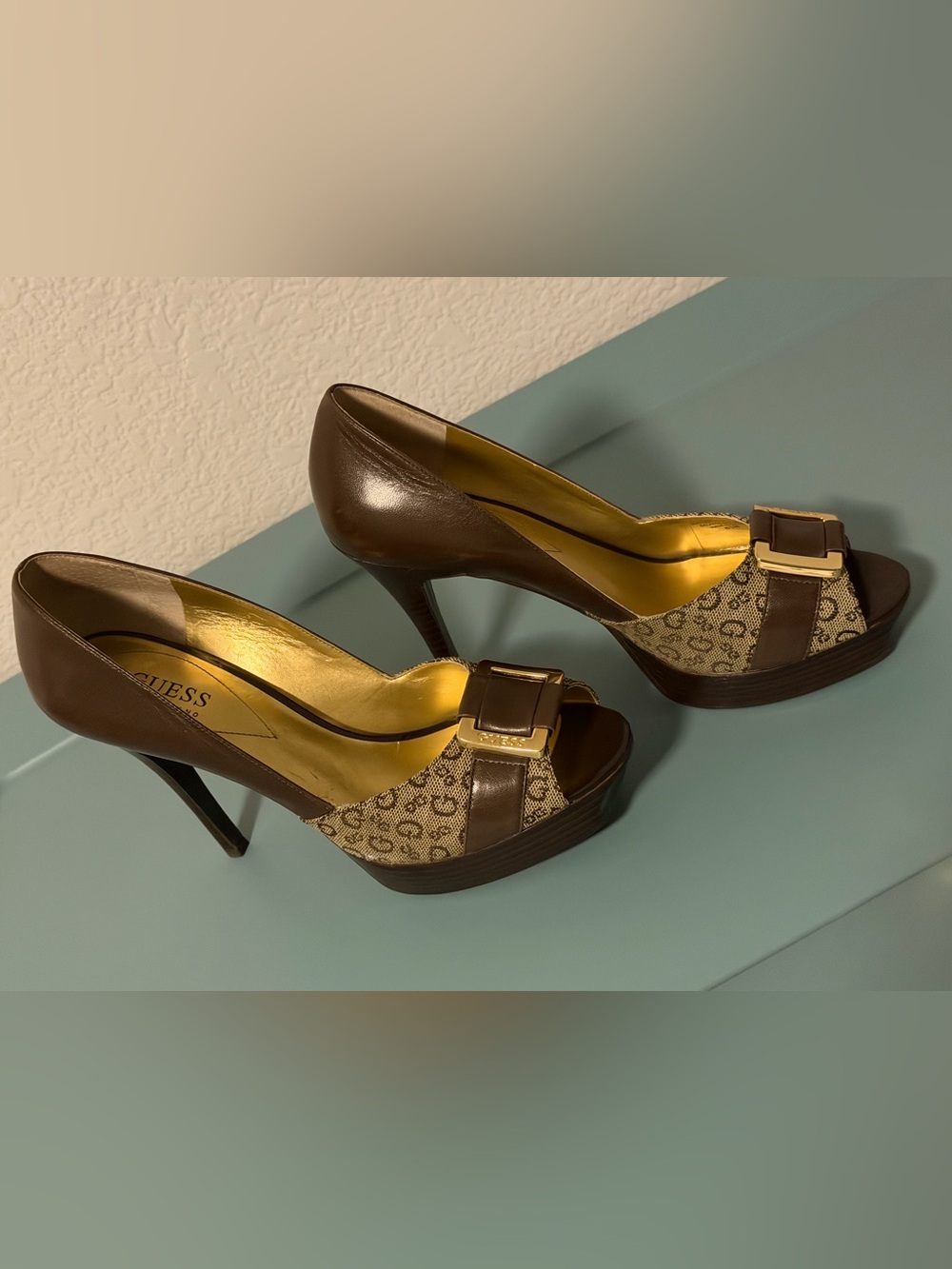 Guess by Marciano Brown Patterned Heels with Buckle